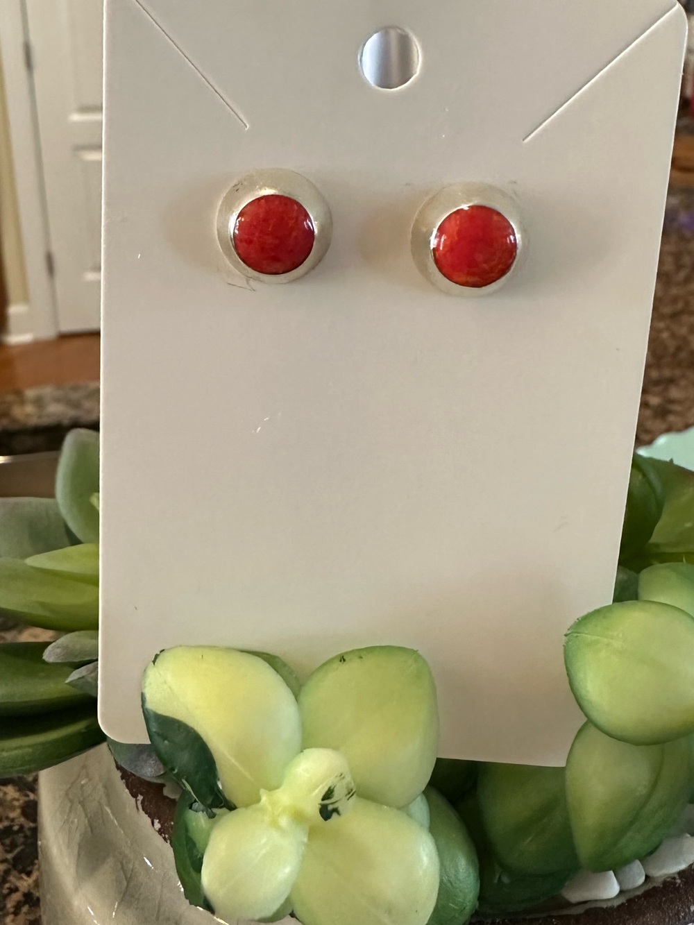 Vintage Sterling Silver Red Coral Bezel Stud Earrings